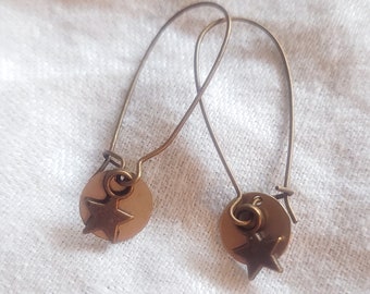 Bronze Star Silver Circle Charm Closed Loop Earrings - Cute Minimal Upcycled Jewelry - FREE US SHIPPING