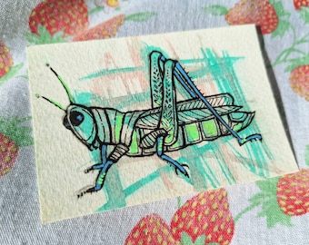 M. Grasshopper - Carte à collectionner d'artiste ACEO - Bienvenue aux échanges et aux échanges (veuillez lire la description) - Mini tableau aquarelle techniques mixtes