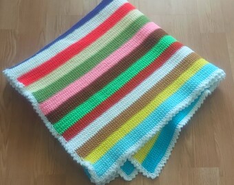 Super Retro Stripe Crocheted Throw Blanket - Vintage Handmade Rainbow Afghan Runner 1970s Granny Square - FREE US SHIPPING