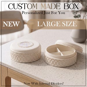 May include: Two round, off-white storage boxes with textured lattice patterns on the sides. One box is closed, featuring a decorative circular inlay on the lid. The other box is open, revealing four internal dividers. Text reads: CUSTOM MADE BOX.