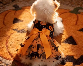 Vestito di Halloween per cani, costume per animali domestici con stampa di zucche, fiocco arancione e gonna tutù, taglie XS–XXL