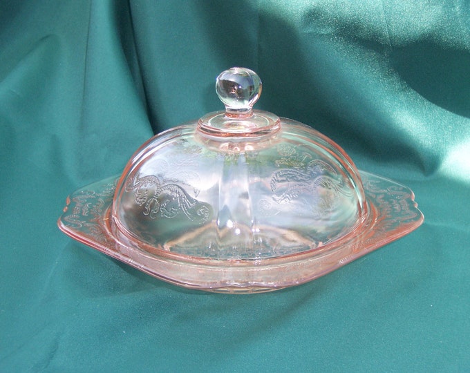 Pink Depression Glass Butter Dish in Madrid Patttern Etsy