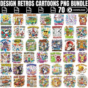 May include: A digital collection of 70 retro cartoon character illustrations titled DESIGN RETROS CARTOONS PNG BUNDLE. The grid features colourful graphics including SpongeBob, Scooby-Doo, Snoopy, Powerpuff Girls, Rugrats, and Tom and Jerry.