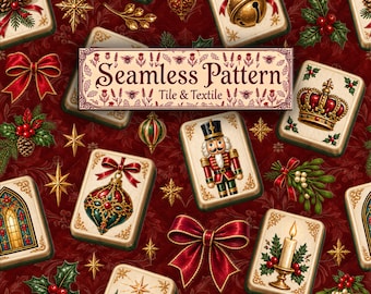 Christmas Seamless Pattern, Vintage Mahjong Tiles Red Holiday Digital Paper JPG