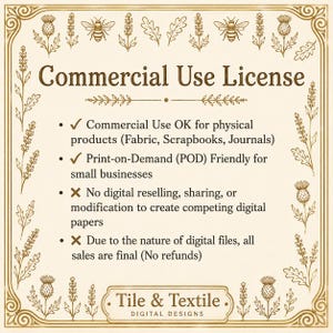 May include: A cream-colored commercial use license document featuring a gold botanical border with bees and thistles. The text outlines permissions for physical products, print-on-demand, restrictions on digital reselling, and a no-refund policy.