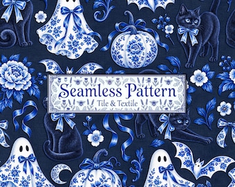 Halloween Seamless Pattern, Blue Chinoiserie Ghosts Black Cats Pumpkins Digital Paper JPG