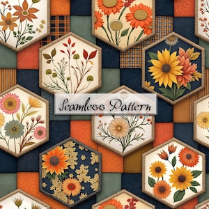 May include: A seamless pattern featuring a grid of hexagonal tiles with floral illustrations in shades of orange, yellow, and green, set against a background of textured squares in navy, orange, and green. The text Seamless Pattern is centered.