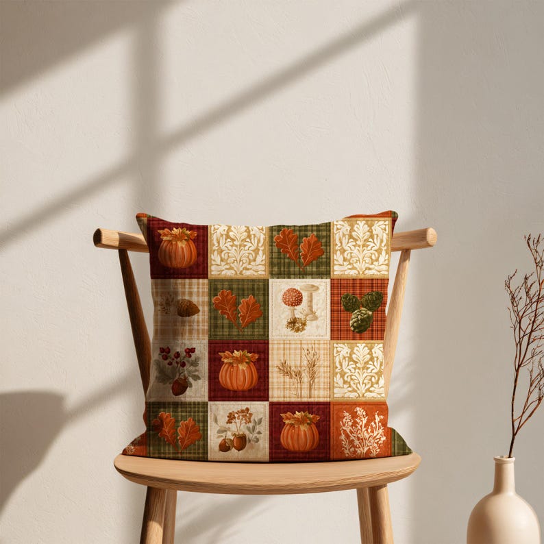 May include: A square throw pillow featuring a patchwork design of twelve distinct panels. The pattern includes illustrations of orange pumpkins, red and brown autumn leaves, pinecones, mushrooms, wheat stalks, and cream-colored floral motifs.