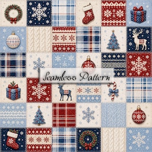 May include: A seamless pattern featuring a grid of square patches with Christmas themes. Designs include red and blue snowflakes, plaid fabric, cable knit textures, reindeer, Christmas trees, gift boxes, stockings, wreaths, and ornaments.