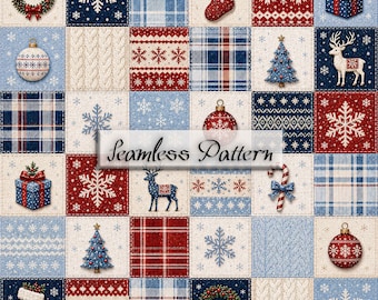Cottagecore Christmas Seamless Pattern, Patchwork Quilt Digital Paper, Stag Snowflake Christmas Tree, Red Blue Plaid Holiday JPG