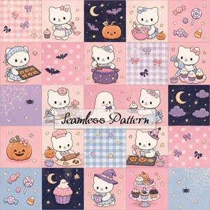 May include: A grid-based seamless pattern featuring white cartoon cats in various Halloween-themed baking activities. The design includes pumpkins, ghosts, cupcakes, candy, bats, and stars in a pastel color palette of pink, purple, and blue.