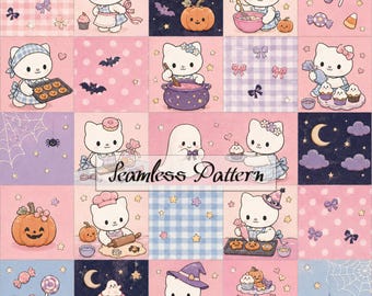 Pink Halloween Digital Paper, Cute Cat Seamless Quilt, Witch Hat Candy Bakery Pattern JPG