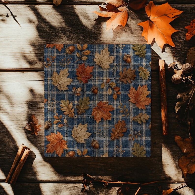 Red Pattern Printable Paper Autumn Leaves Seamless Pattern, Navy Blue Plaid Acorns Fall Digital ...