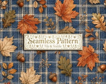 Autumn Leaves Seamless Pattern, Navy Blue Plaid Acorns Fall Digital Paper