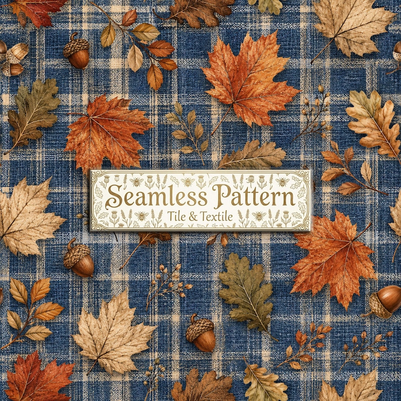 Autumn Leaves Seamless Pattern, Navy Blue Plaid Acorns Fall Digital ...