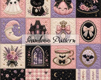 Coquette Halloween Quilt Seamless Pattern, Pink Ghost Black Cat Digital Paper