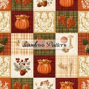 Naadloos patchworkpatroon voor de herfst, stofprint in cottagecore-stijl met oogstthema, digitaal papier voor een herfstquilt met pompoenruitjes.