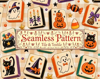 Mahjong Seamless Pattern, Halloween Mahjong Tiles Digital Paper, Ghost Pumpkin Witch Hat PNG