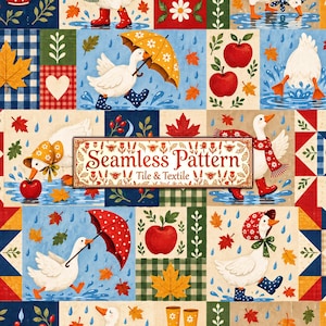 May include: A textile print featuring a repeating patchwork design of white geese in rain gear, red apples, and autumn leaves. The pattern includes yellow and red umbrellas, blue rain puddles, and plaid squares with the text Seamless Pattern.