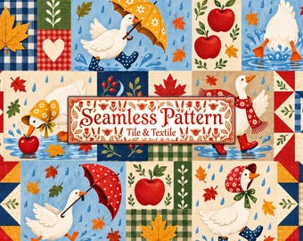 Autumn Seamless Pattern, Rainy Day Goose Cottagecore Fabric, Vintage Quilt, Fall Digital Download
