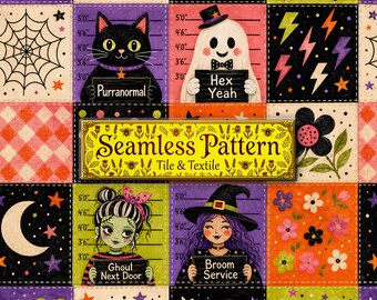 Halloween Mugshot Seamless Pattern, Funny Ghost Black Cat Witch Retro Digital Paper