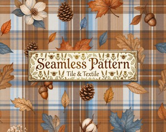 Autumn Leaves Plaid Seamless Pattern, Blue Brown Plaid Fall Digital Paper, Cottagecore Botanical Harvest Print