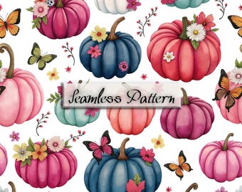 Fall Seamless Pattern Thanksgiving Tile, Printable Scrapbook Paper Autumn Digital Paper, Pink Pumpkin Pattern Sublimation Designs PNG File