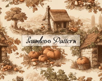 Autumn Cottage Toile Seamless Pattern, Vintage Pumpkin Fall Digital Paper