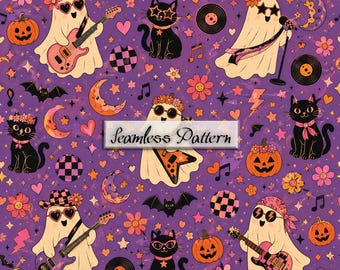 Retro Groovy Halloween Seamless Pattern, Rock and Roll Ghosts Black Cat Digital Paper, 70s Fabric Print JPG