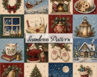 Christmas Eve Seamless Pattern, Santa Sleigh Fireplace Cottagecore Quilt Digital Paper