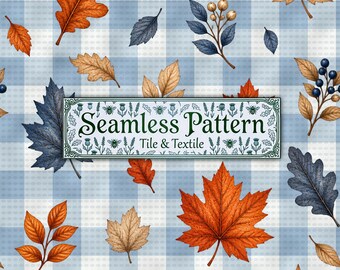 Autumn Seamless Pattern, Vintage Fall Leaves Gingham, Cottagecore Fabric, Fall Digital Paper