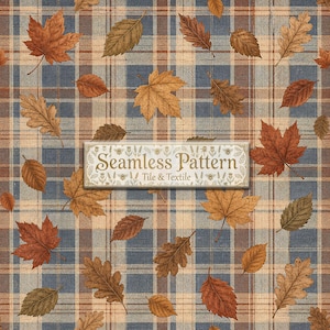 May include: A seamless pattern featuring a blue and tan plaid background overlaid with various autumn leaves in shades of orange, brown, and gold. A rectangular label in the center displays the text Seamless Pattern Tile & Textile.