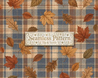 Autumn Leaves Seamless Pattern, Blue Plaid Digital Paper JPG for Cottagecore Fabric and Wallpaper