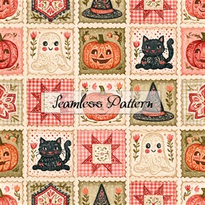 May include: A seamless pattern featuring a grid of square tiles with illustrations of orange jack-o'-lanterns, black cats, white ghosts, witch hats, and red gingham stars. The text Seamless Pattern is overlaid in the centre of the image.