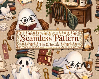 Vintage Seamless Pattern, Bookish Ghost Halloween Fabric, Dark Academia Digital Paper, Cozy Library JPEG