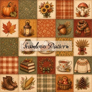 Könnte beinhalten: Ein nahtloses Gittermuster mit herbstlichen Illustrationen, darunter ein Kürbis, Sonnenblumen, ein Pilz, eine Laterne, eine Eichel, ein Schal, ein Vogelhaus, ein Stück Kuchen, Weizen, Bücher, ein Kranz, eine Teetasse, ein Pullover, Stiefel, Mais und ein Tannenzapfen.