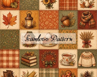 Vintage Fall Patchwork Seamless Pattern, Autumn Digital Paper, Cottagecore Quilt Fabric, Pumpkin Mushroom Maple Leaf Harvest JPG