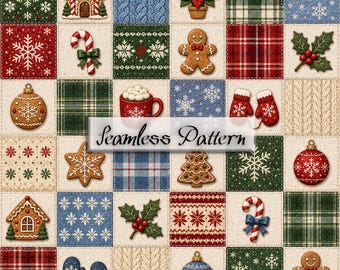 Christmas Seamless Pattern, Cottagecore Quilt Gingerbread Plaid Digital Paper
