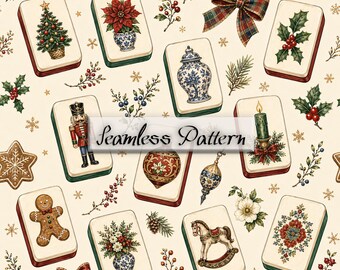 Christmas Mahjong Seamless Pattern, Grandmillennial Chinoiserie Nutcracker Holiday Digital Paper