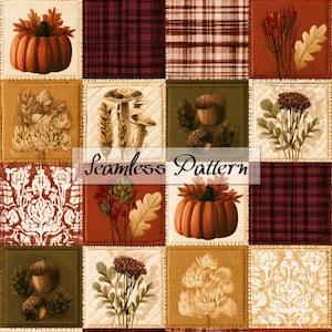 Autumn Patchwork Seamless Pattern, Cottagecore Fall Quilt Fabric Design, Harvest Digital Paper