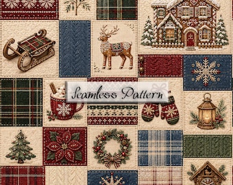 Christmas Seamless Pattern, Cottagecore Patchwork Quilt, Gingerbread House, Stag, Plaid Digital Paper JPG