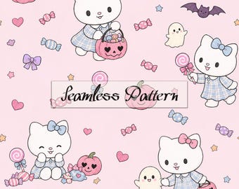 Pink Halloween Digital Paper, Cute Trick or Treat Cats, Candy, Ghosts, Seamless Pattern JPG