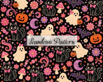 Retro Halloween Seamless Pattern, Cute Ghost Black Cat Pumpkin Digital Paper, Spooky Fabric Print JPG