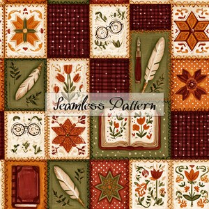 May include: A seamless pattern featuring a grid of rectangular blocks with illustrations of books, quill pens, eyeglasses, star-shaped ornaments, and floral motifs in shades of dark red, olive green, orange, and cream with a stitched border effect.