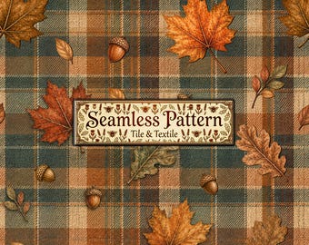 Fall Seamless Pattern, Autumn Plaid Maple Leaves Acorns Digital Paper