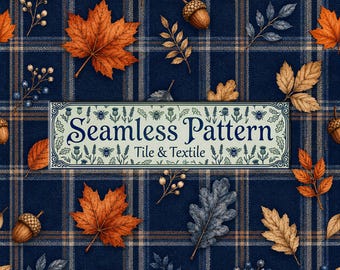 Fall Seamless Pattern, Navy Blue Plaid Autumn Leaves Acorns Digital Paper