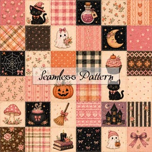 Peut inclure: Un motif de tissu en patchwork composé d'une grille de carrés avec des motifs d'Halloween et d'automne, incluant des chats noirs, des fantômes, des citrouilles, des potions, des champignons et des fleurs dans des tons rose, orange, noir et crème.