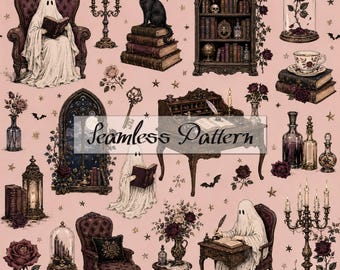 Bookish Ghost Seamless Pattern, Haunted Library Dark Academia Halloween Digital Paper