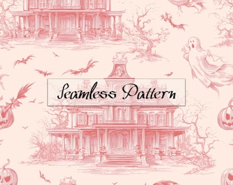 Pink Halloween Toile Seamless Pattern, Victorian Haunted House Ghost Pumpkin Digital Paper