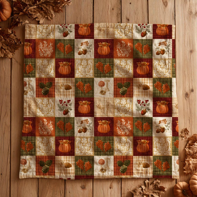 May include: A square fabric pillow cover featuring a patchwork grid design with alternating squares of autumn-themed illustrations including orange pumpkins, brown acorns, green pinecones, and red berries on cream, green, and dark red backgrounds.
